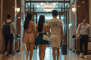 Hotels near LA Café Manila at night with Filipina promo girls in front, nightlife vibe, and neon-lit city street